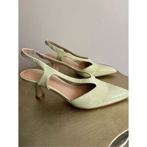 Zinda Pointy Slingback Kitten Strappy Heels in Mint Green Patent Leather 36/37